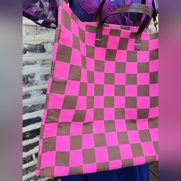 CLARE V. Pink and Brown Checkered Tote Bag - Picture 9 of 12